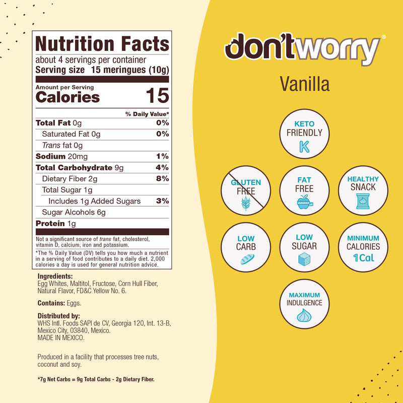 6pack Meringue 1 Calorie 2pz Strawberry 44g (1.6 oz) / 2pz Vanilla 40g (1.4 oz) / 2zp Cookies & Cream (1.2 oz)