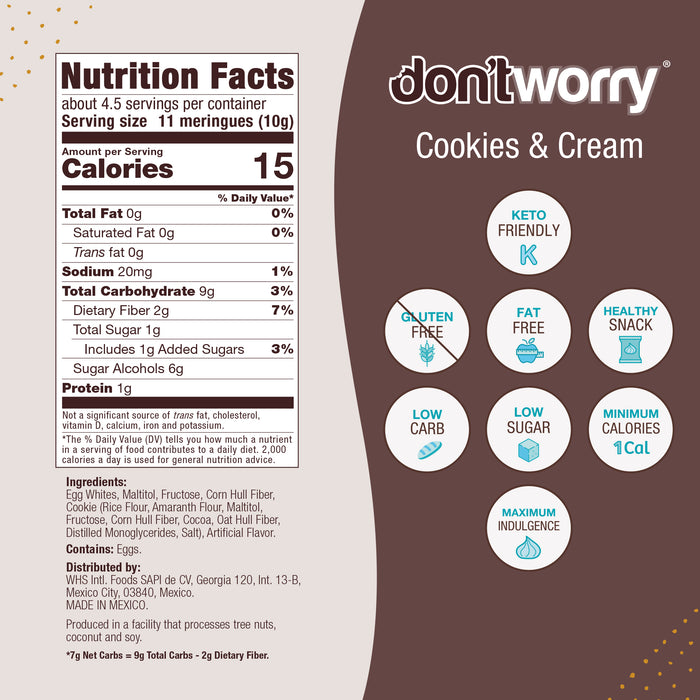 6pack Meringue 1 Calorie 2pz Strawberry 44g (1.6 oz) / 2pz Vanilla 40g (1.4 oz) / 2zp Cookies & Cream (1.2 oz)